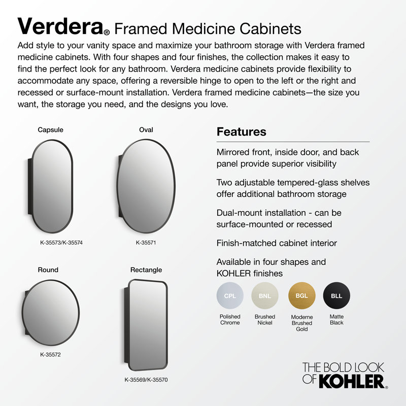 Verdera 24 in Round Framed Medicine Cabinet, Surface Mount or Recessed, Brushed Gold