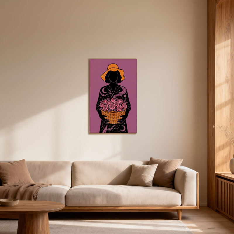 Plantes et fleurs, silhouette de femme, chapeau, panier, roses, art, H 12 po x l 18 po