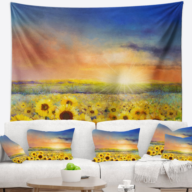 Coucher de soleil sur une tapisserie de champ de tournesols dorés, H 78 po x l 92 po