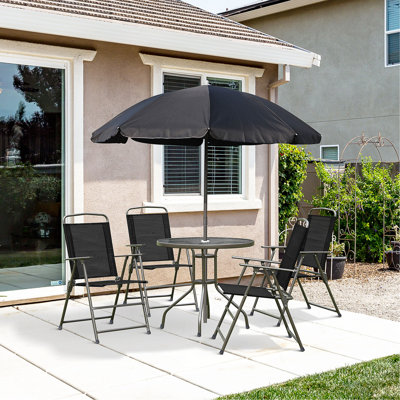 Ensemble de salle à manger de patio 6 pièces Outsunny pour 4 personnes avec parasol, table d'extérieur et chaises avec 4 chaises pliantes et table ronde en verre pour le jardin, la cour et la piscine