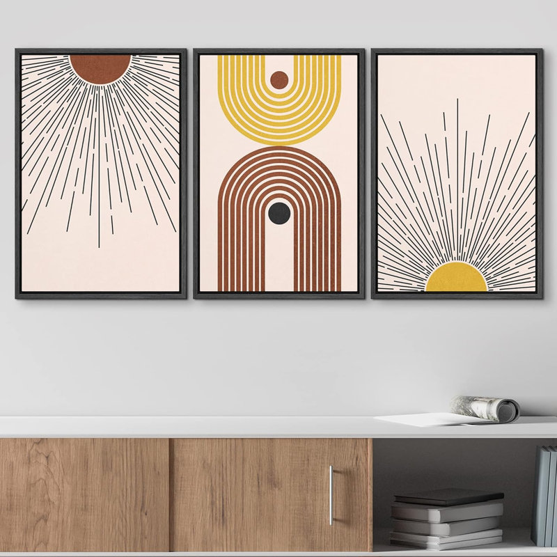 Linear Geometry " Boho Mid-Century Geometric Planet Sunlight Abstract Illustrations Modern Art Bohemian Decor " 3 - Pieces