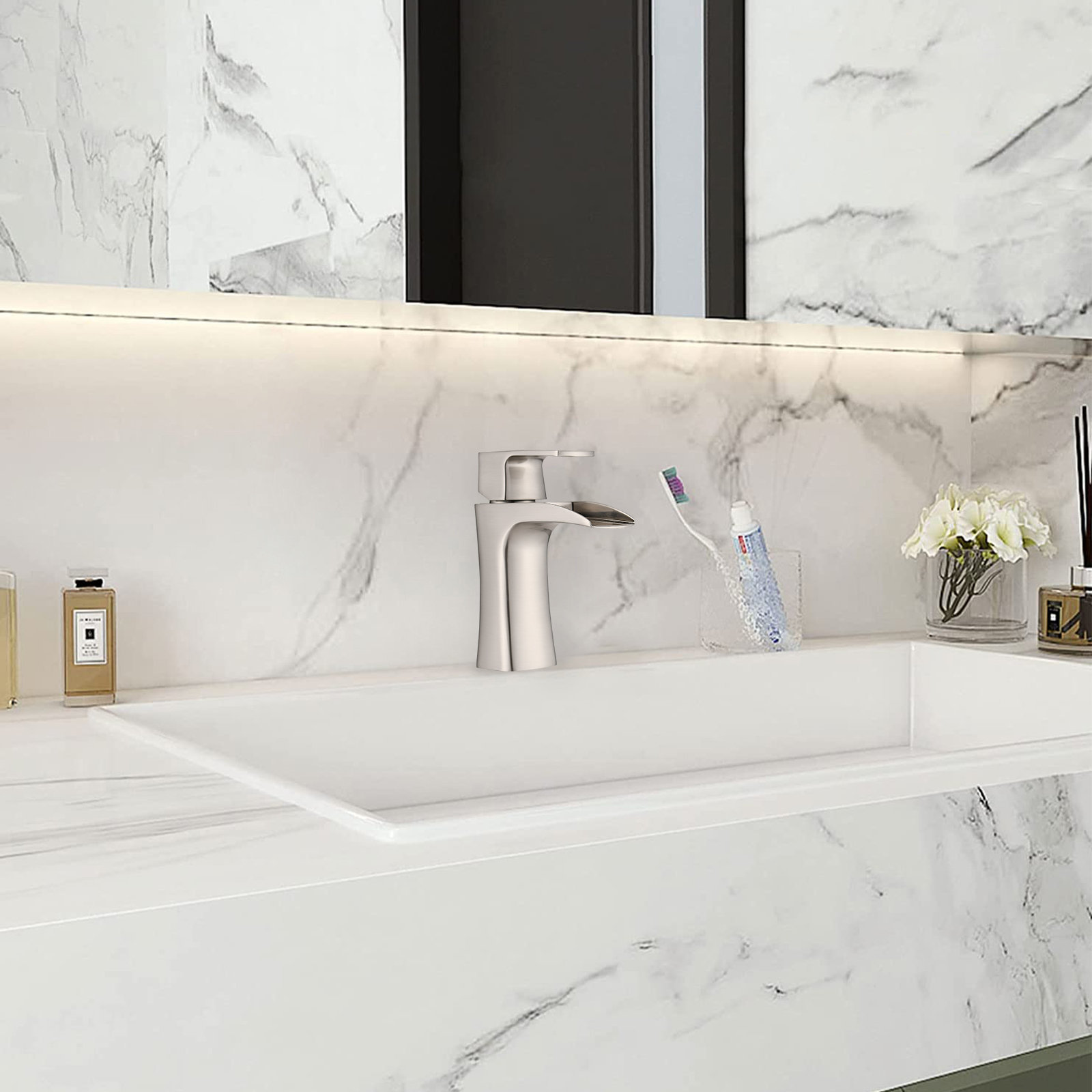 DORNBERG Brushed Nickel Bathroom Faucet, Waterfall Bathroom Faucet Pop ...