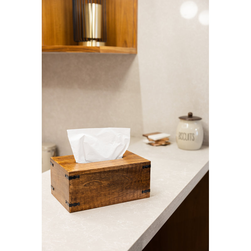 Rustic Dark Brown Mango Wood Rectangular Tissue Box Holder  Handcrafted Farmhouse Chic Décor, Brown
