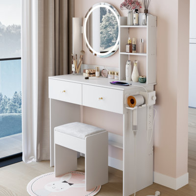 17" Round Led Vanity Table With Cushioned Stool, 3 - Color Mirror , Adjustable Brightness, Touch Operated, Built In 2 Ac + 1 Type C Ports, Multi Layer Storage, American Style, White Dressing Setup