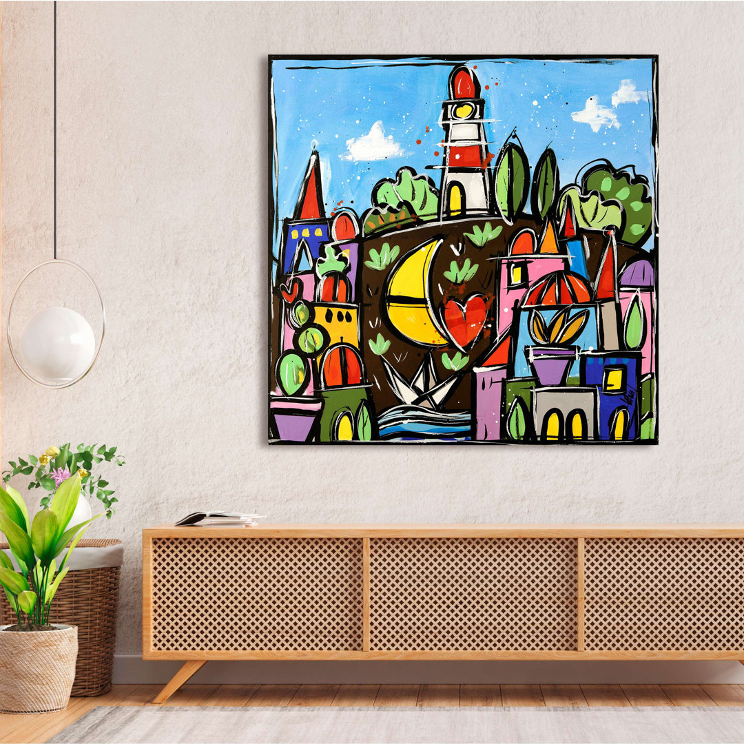 Leuchtturm über der Stadt der Träume von Wallas - Wrapped Canvas Print