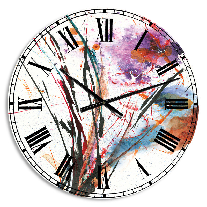 Abstrait peint à la main fleurs mauves et bleues - Horloge murale traditionnelle, Petit