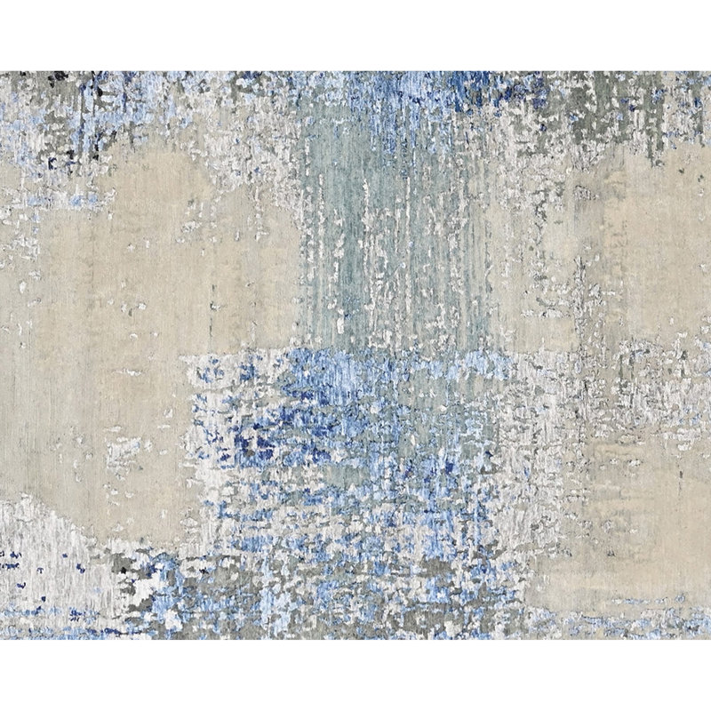 High-Quality Hand-Knotted Beige And Blue Area Rug, Rectangle 6' x 9'