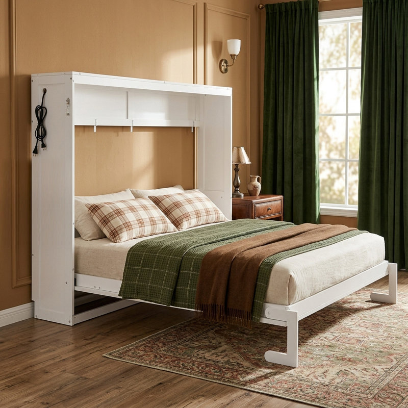 Side-Folding Murphy Bed with LED Under-Bed Lighting and USB Charging Station, Wood Wall Bed Frame with Built-In Workspace Desk, Space-Saving Fold-Away Cabinet Bed