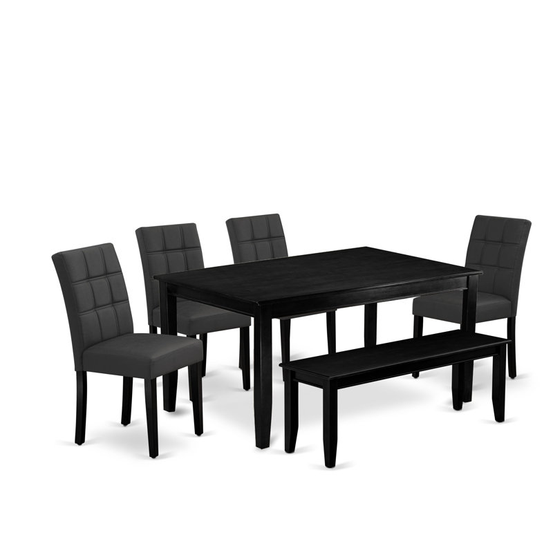 6 Piece Dinner Table Set contain A Kitchen Table and a Dining Bench 4 Dark Gray Polyester Fabric Person Chairs with Stylish Back- Black Finish