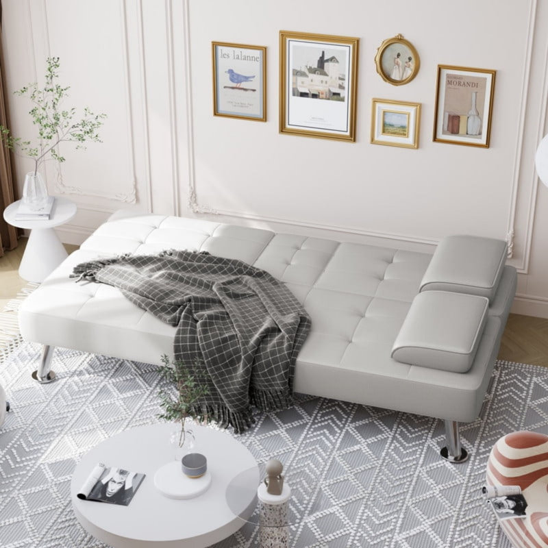 Futon Sofa Bed Convertible Folding Faux Leather Couch with 2 Cup Holders, White