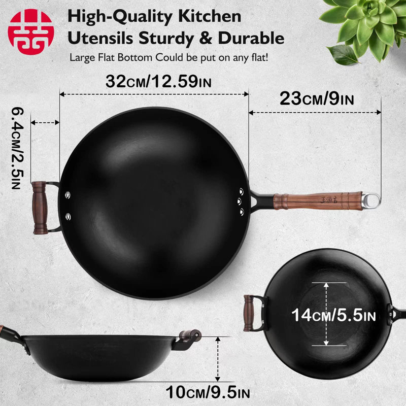 Handcrafted Black Cast Iron Wok with Wooden Lid