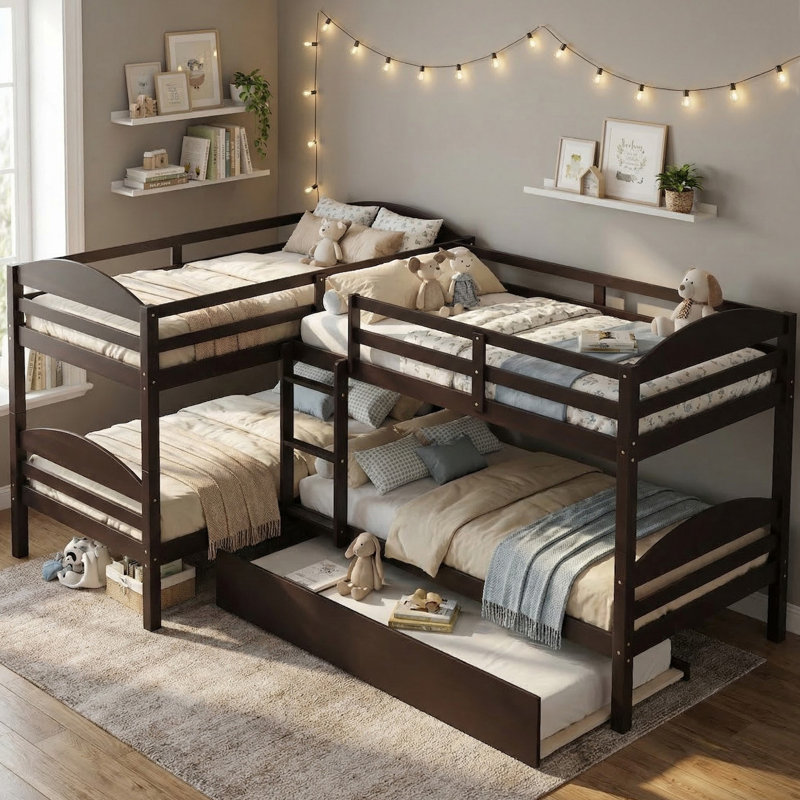 Nevaeh Kids Twin Over Twin Bunk Bed with Trundle, Espresso