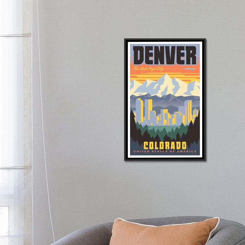 Affiche de voyage Denver par Jim Zahniser-reproduction d’art, Pas de tapis, H 26 po x l 18 po x 1,5 po, Toile avec cadre noir