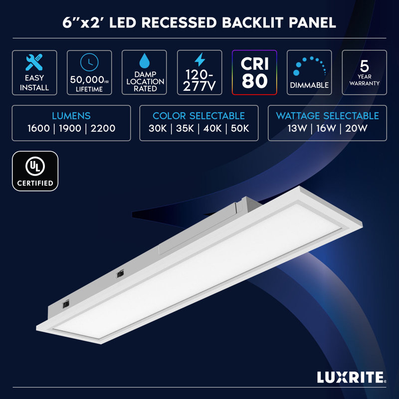 Panneau encastré rétroéclairé DEL 6 x 2 pi 4CCT 3000K-5000K 13W / 16W / 20W sélectionnable, jusqu'à 2200LM, plafonniers à abat-jour, gradué UL 0-10V, paquet de 16
