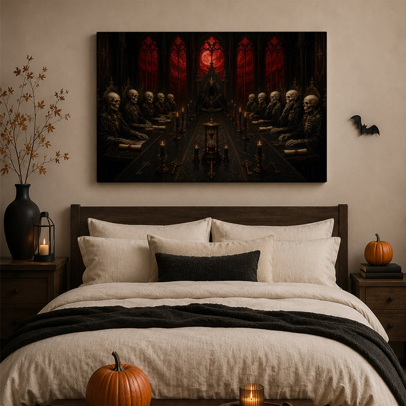 Squelettes gothiques assis à une longue table avec une toile rouge d'Halloween, H 16 po x l 24 po