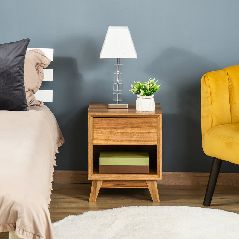 Corrigan Studio® Modern Bedside Table Nightstand, Living Room End Table, Side Table With Drawer And Shelf, Walnut Brown