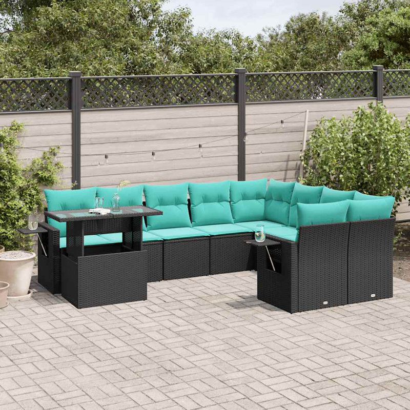 Ensemble de canapé de patio 10 pièces avec coussins en rotin de polyester, Bleu clair, Noir