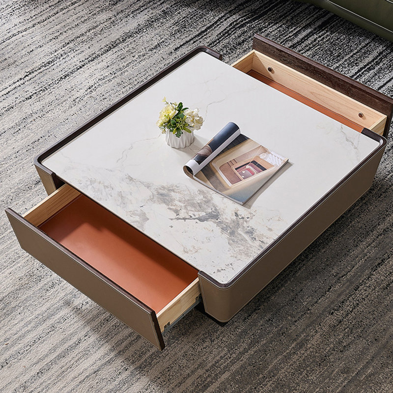 Table basse carrée en ardoise avec cuir de selle, H 12,6 po x L 39,4 po x l 39,4 po