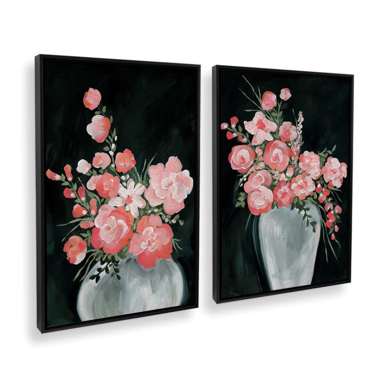 Ensemble de 2 impressions sur toile délicates fleurs de corail, Cadre flottant noir satiné, H 19,5 po x l 27 po x P 1,75 po