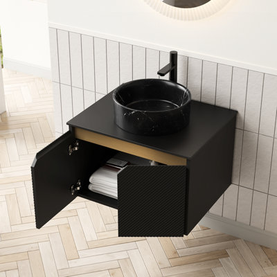 Meuble-lavabo mural 24 po avec lavabo rond en céramique noire, motif en pierre, plateau fritté, armoire à double porte en sergé et garniture à fermeture en douceur