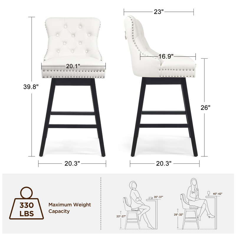 Swivel Bar Stools Set of 2, PU Leather Bar Chairs with Button Tufted Front and Ring Pull Back, 30" Bar Height Stools with Solid Wood Legs for Kitchen Island or Bar, Black