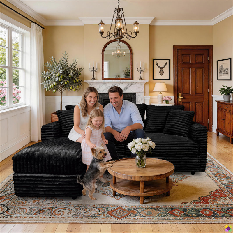 Gus 82.7"W/ 70.8"W 3-Piece 3 Seaters Convertible Modular Corduroy Sectional, 1 Ottoman, Black Corduroy