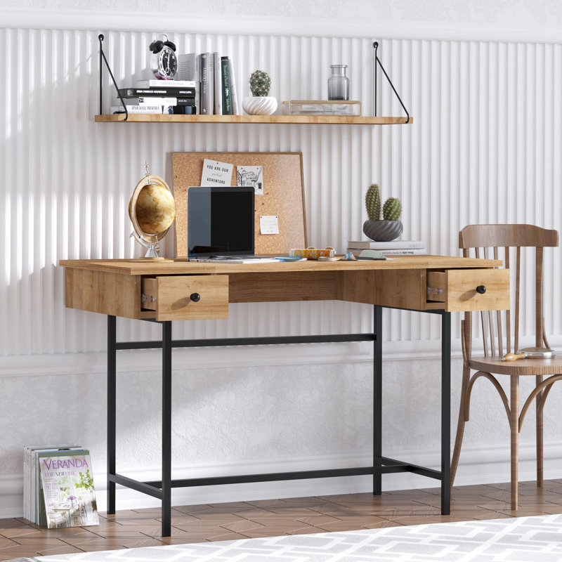 Bureau d'étude industriel avec pieds en métal, chêne saphir et finition noire, 47,2 po x 29,1 po x 23,6 po | 100% panneau de particules enduit de mélamine, tablettes multiples, fixation murale | Parfait pour le bureau personnel et les espaces de travail modernes