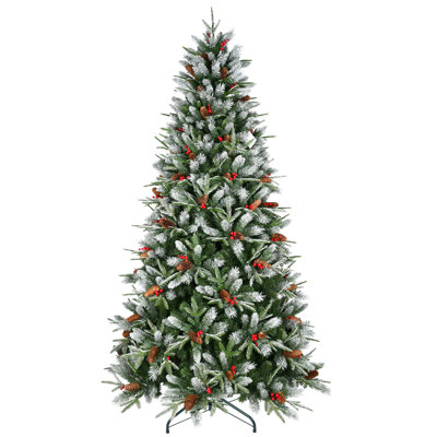 Christmas Tree with Lifelike Tips, Red Berries and Pine Cones, Snow-Dusted Branches, Hinged Design and Sturdy Stand for Festive Holiday Decor