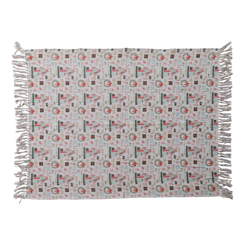 Cotton Slub Printed Throw With Holiday Pattern And Fringe