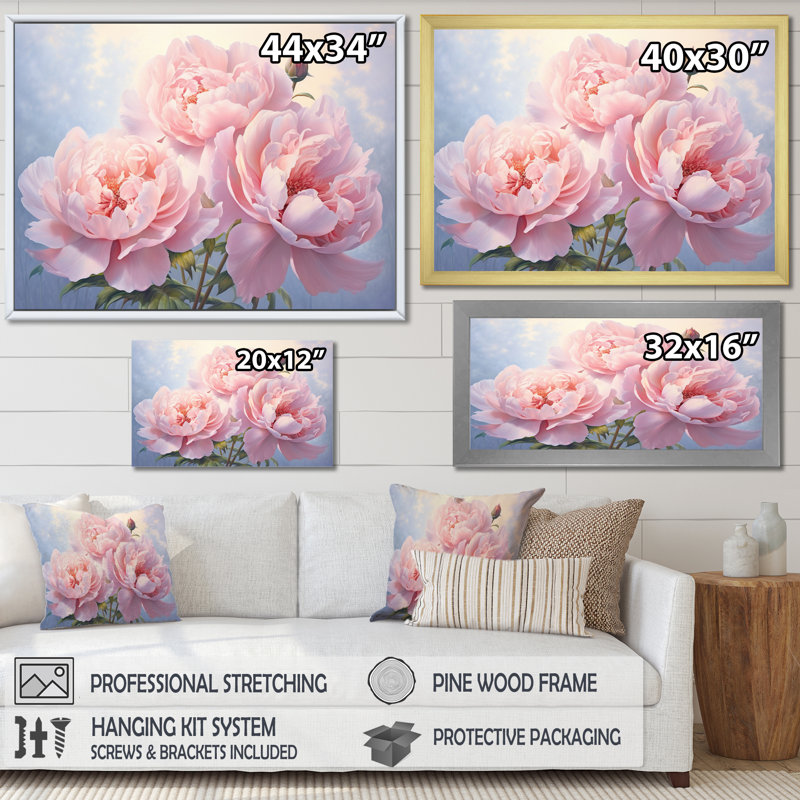 Pivoine rose II - art mural floral, Cadre flottant doré, H 12 po x l 20 po x P 1 po
