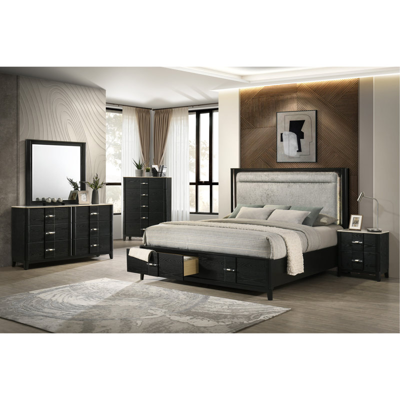 Ensemble de chambre à coucher grand lit 5 pièces Opel avec tête de lit tapissier à DEL, rangement pour le pied de lit, commode, miroir, commode et table de chevet au fini noir