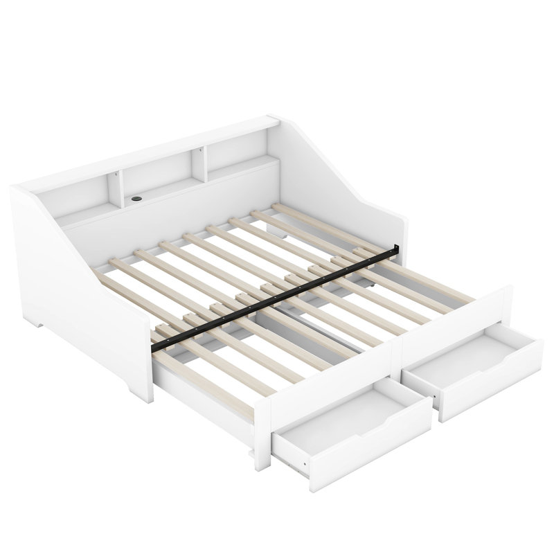 Twin to King Size Daybed with Storage Drawers, Bookcases & Built-In USB Charging Station,White, White