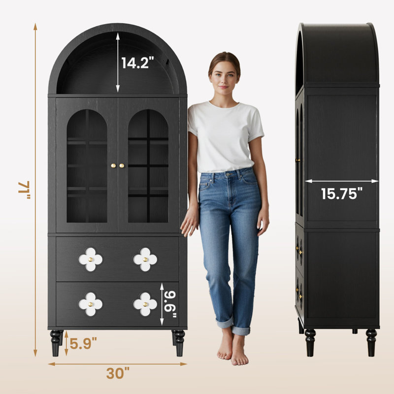 Arched Solid Wood Storage Cabinet, Black Finish, Black Wood