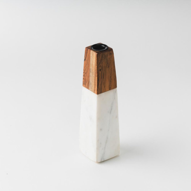 Porte-bougie 9 po fabriqué à la main en marbre blanc et bois d'acacia