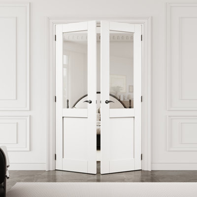 Porte française intérieure en verre transparent de 36 po x 80 po demi-Lite avec quincaillerie noire et loquet et levier de porte, dalle de porte en verre trempé avec sécurité, pouvant être peinte et imperméable, combinaison pour la lessive, portes de placard, portes de pièce, assemblage requis