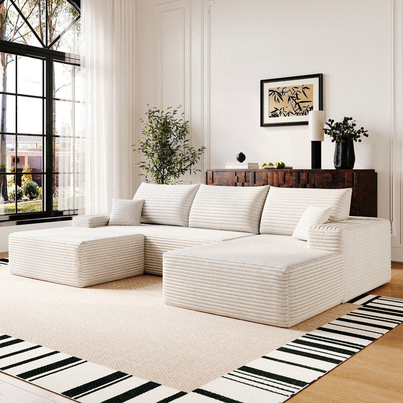 Canapé modulaire 107 po avec 1 repose-pieds Cloud, fauteuils rembourrés minimalistes modernes, canapé confortable en forme de U pour le salon, canapé d'angle à siège profond, aucun assemblage requis (tissu en velours côtelé moelleux), blanc