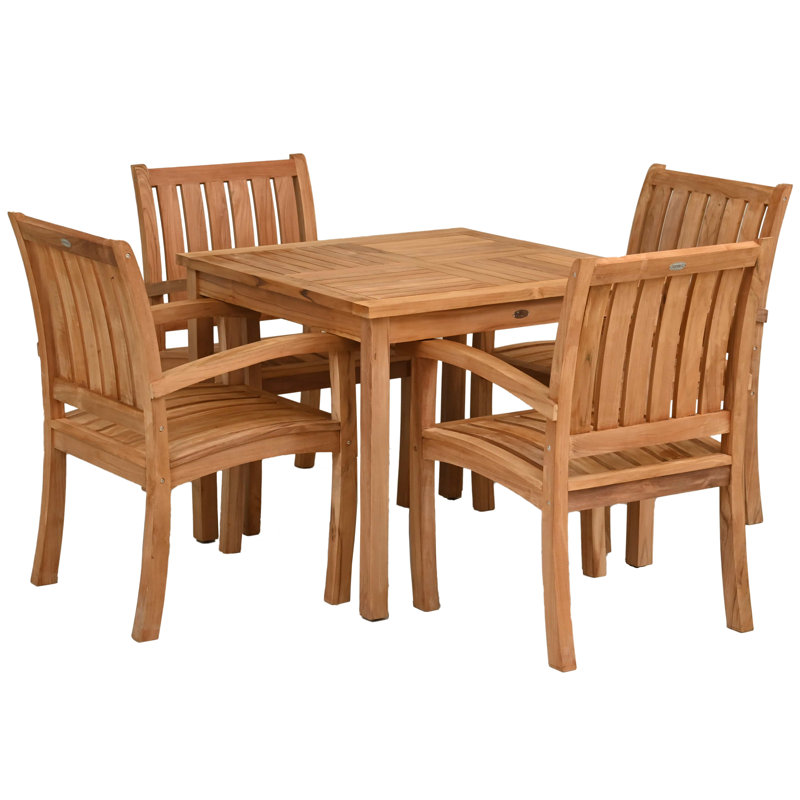 Teak Wood Bistro Dining Set Including Square Table With Abacho Arm Chairs, 4