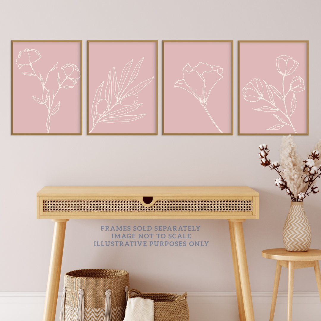 Minimalist Wildflower Outline Cream On Pastel Pink Simple Floral - 4 Piece No Frame Print Set