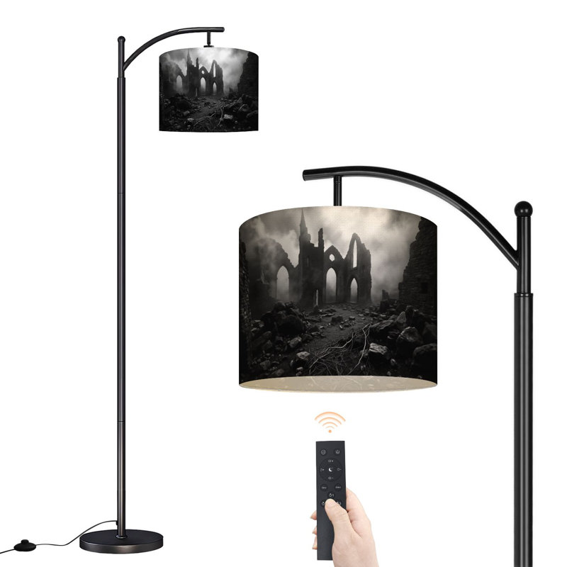 Arc Floor Lamp Ruins Gothic Church Misty Landscape Floor Lamps with Remote LED Lights Adjustable Lamp Shades Tall Standing Lamps for Reading Office Living Room
