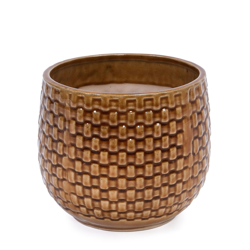 3 Ceramic Flowerpots In Orange & Dark Brown, Modern Design For Indoor Spaces, Heat-, 9.49" Wide Brown Planter , Pieces Flowers Small Plants, Weather-, Built-In Drainage Hole