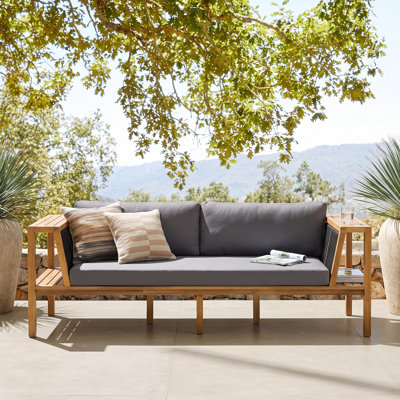 Renwick Organic Modern Acacia Wood Outdoor Daybed with Woven Rope Panels and Water-Repellent Cushions for Patio, Garden, Poolside & Backyard