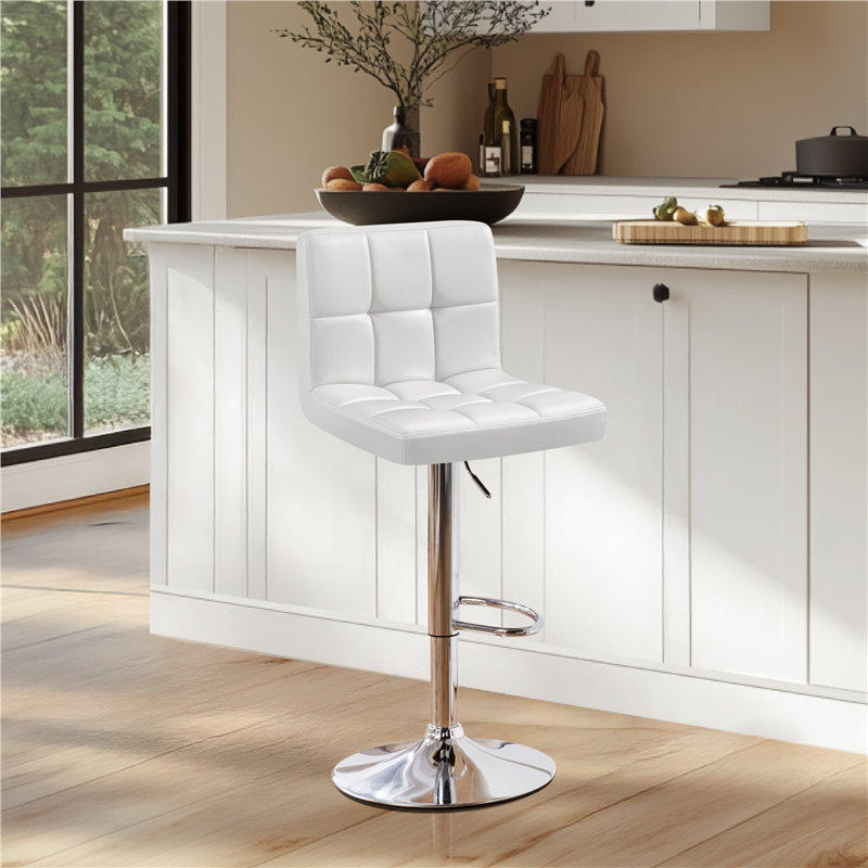 Height Adjustable PU Leather Bar Stool with Backrest and Footrest, White