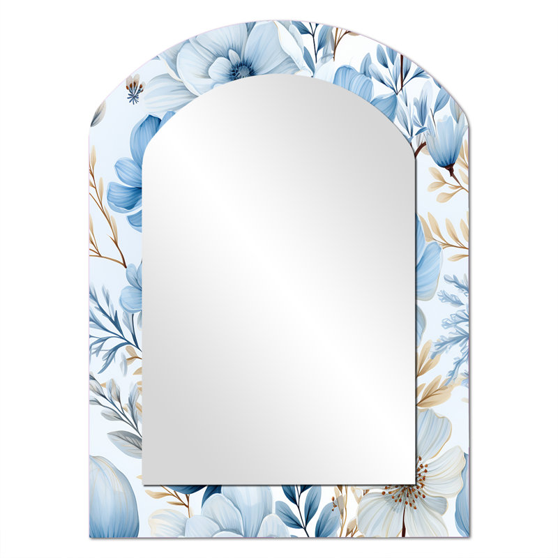 Arctic Blue Botanical Pattern II - Floral Asymmetrical Traditional Large Wall Mirror, 34'' x 25''