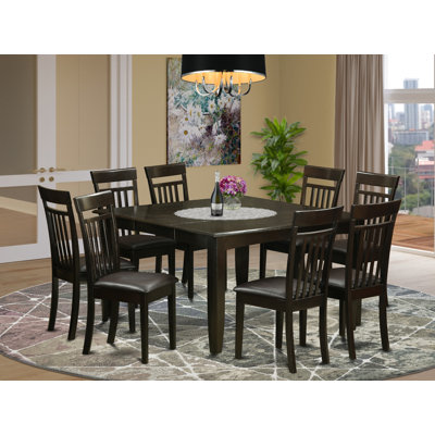 9 Piece Kitchen Table Set Includes a Square Dining Table with Butterfly Leaf and 8 Faux Leather Dining Room Chairs, 54x54 Inch, Cappuccino
