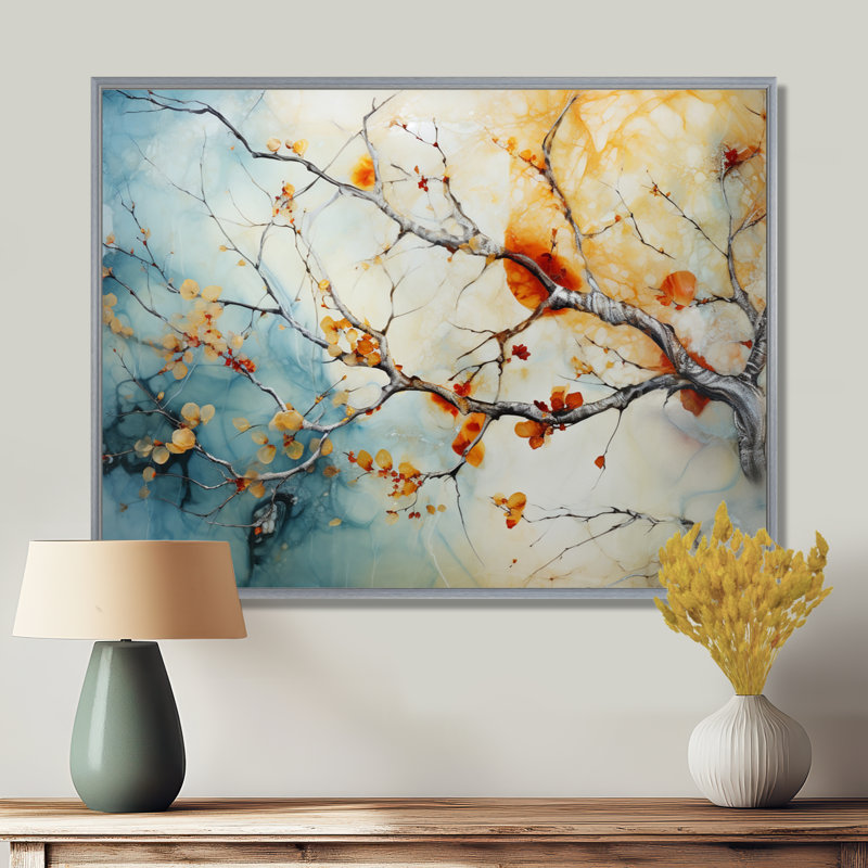 Orange, bleu sarcelle, érable brillant, agate I - arbre érable, art mural, H 16 po x l 32 po x P 1 po, Encadrement argenté