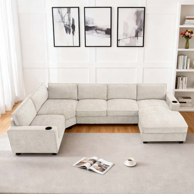119" U-Shaped Modular Sectional Sofa 4-Piece Chenille Deep Seat Cloud Couch With Corner & Cup Holders & Chaise Set by Latitude Run