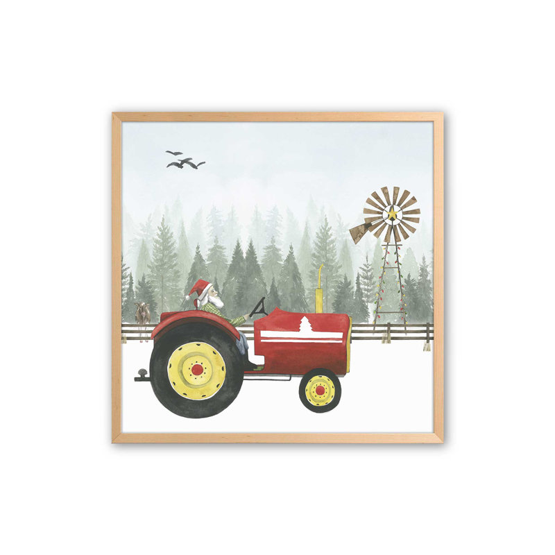 «Santa's Christmas Tractor Ride II», impression, Cadre en érable brut, bois massif, H 13,5 po x l 13,5 po