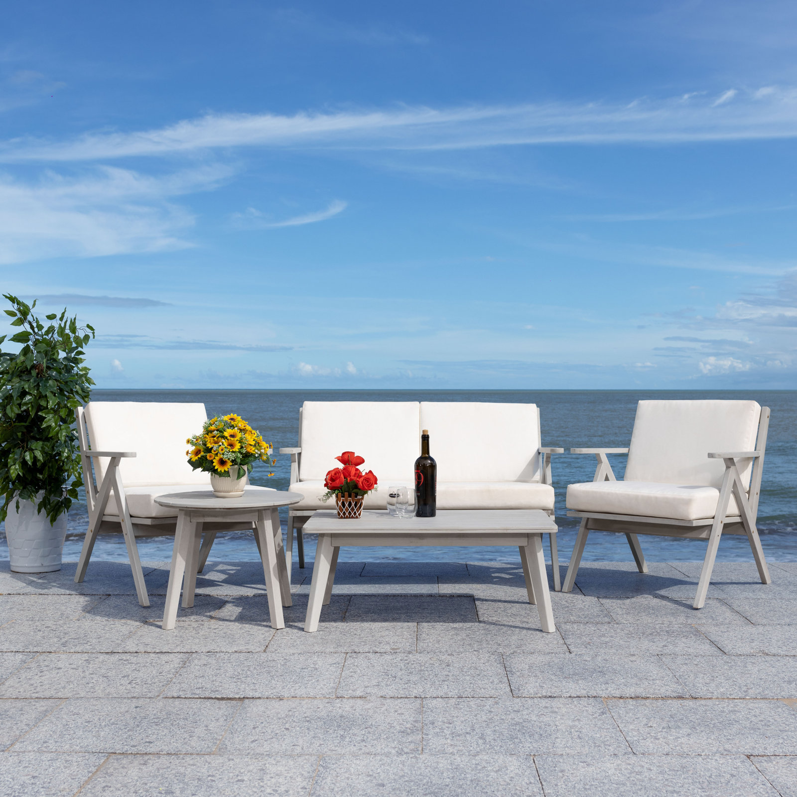 Jose 4-Person Acacia Patio Seating Group, Beige, Gray