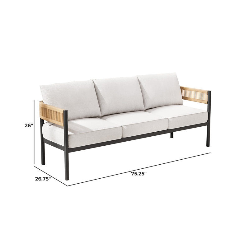 Maine 3-Person Wicker Outdoor Sofa, White Cushion/Natural Arm