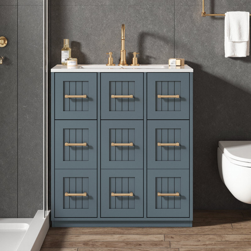 Meuble-lavabo 30 po avec lavabo encastré, Bleu / doré